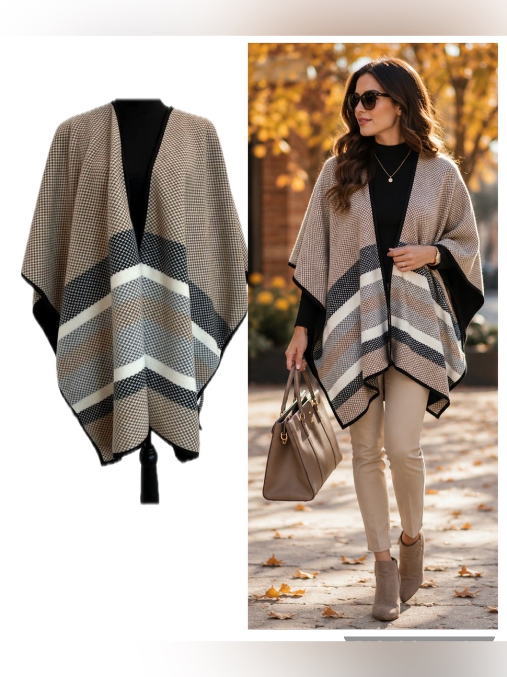 Nicole Miller Brown Gray White Striped Poncho Shawl Cape Wrap One Size Fall